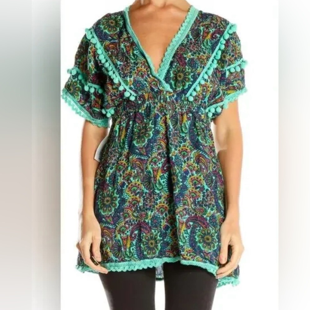 America & Beyond Nola Teal paisley Mini Bohemian Dress or Beach Cover-